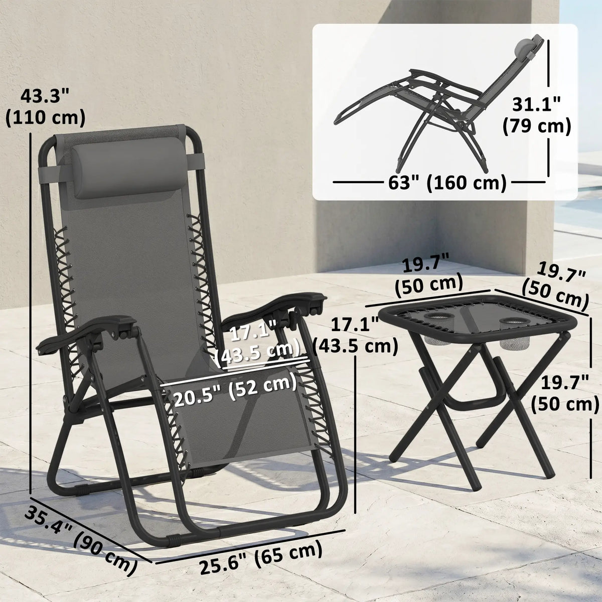 Zero Gravity Chair Set of 2, Patio Chair with Side Table, Grey Lounger Chairs at Gallery Canada