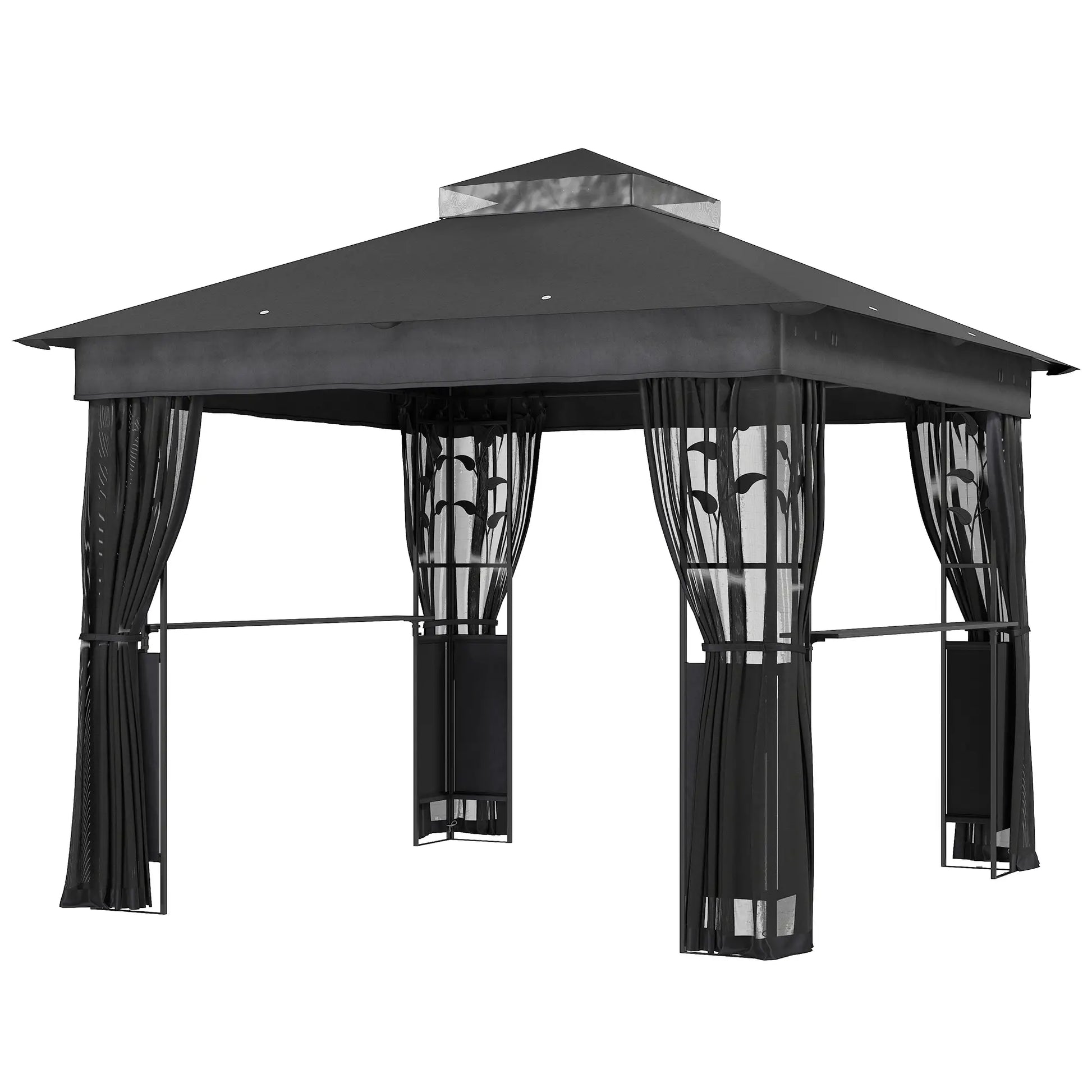 10' x 10' Outdoor Gazebo, UV30+ Double Roof, with Shelves and Netting Gazebos Dark Grey at Gallery Canada