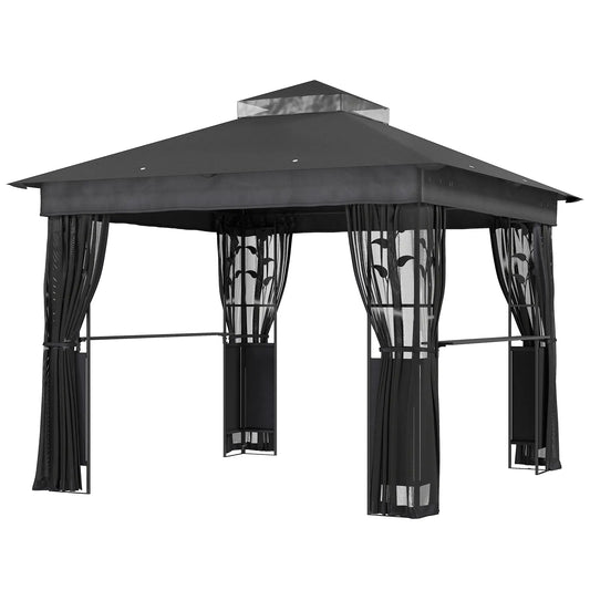 10' x 10' Outdoor Gazebo, UV30+ Double Roof, with Shelves and Netting Gazebos Dark Grey at Gallery Canada