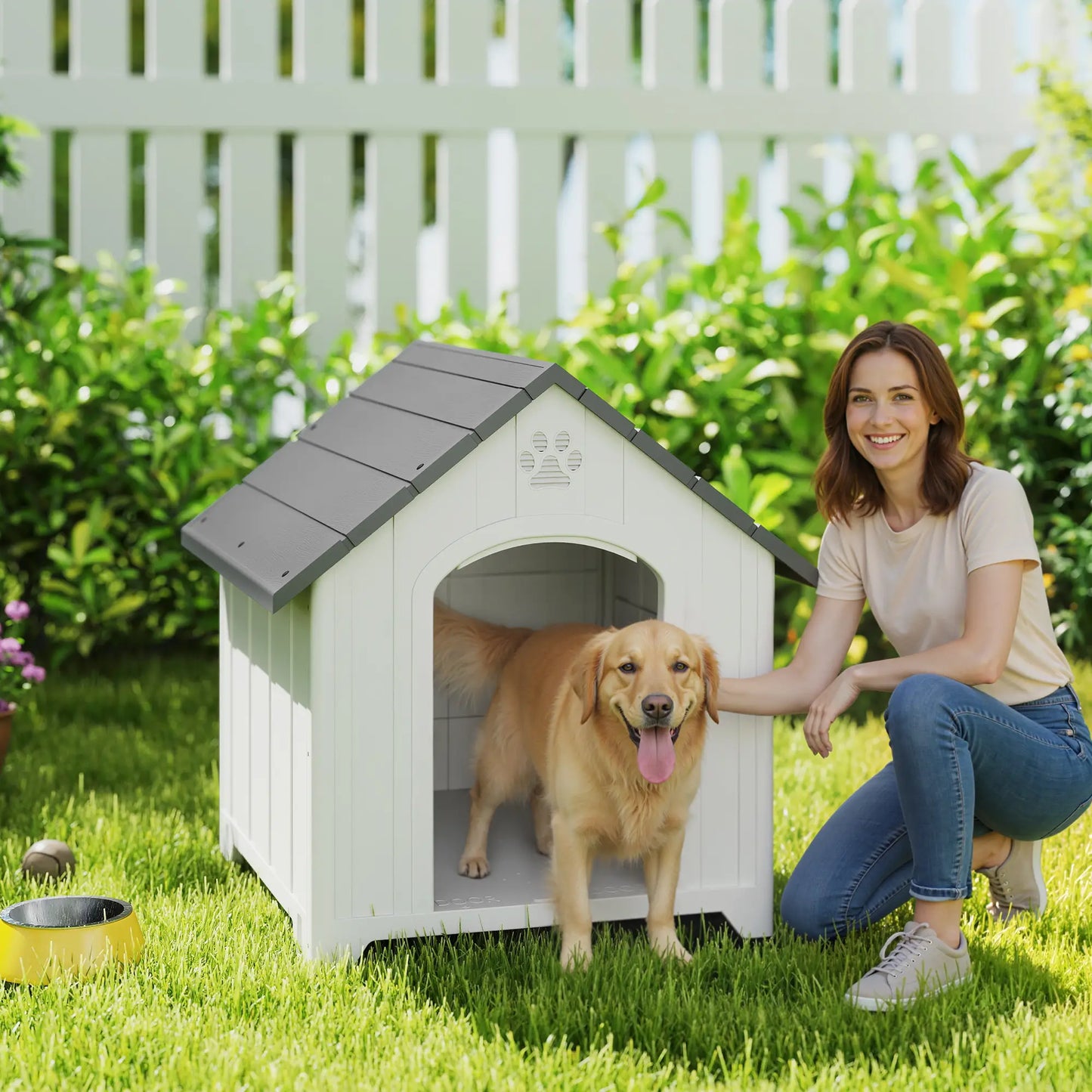Large Plastic Dog House Outdoor Indoor, Water Resistant Puppy Shelter with Base Support, 34.6" L x 31.1" W x 35" H