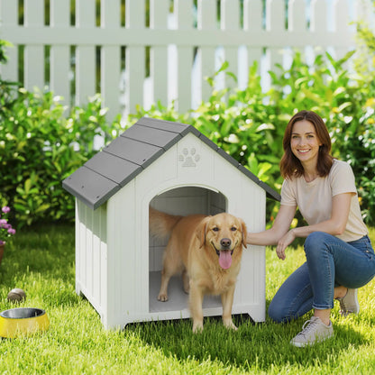 Large Plastic Dog House Outdoor Indoor, Water Resistant Puppy Shelter with Base Support, 34.6" L x 31.1" W x 35" H