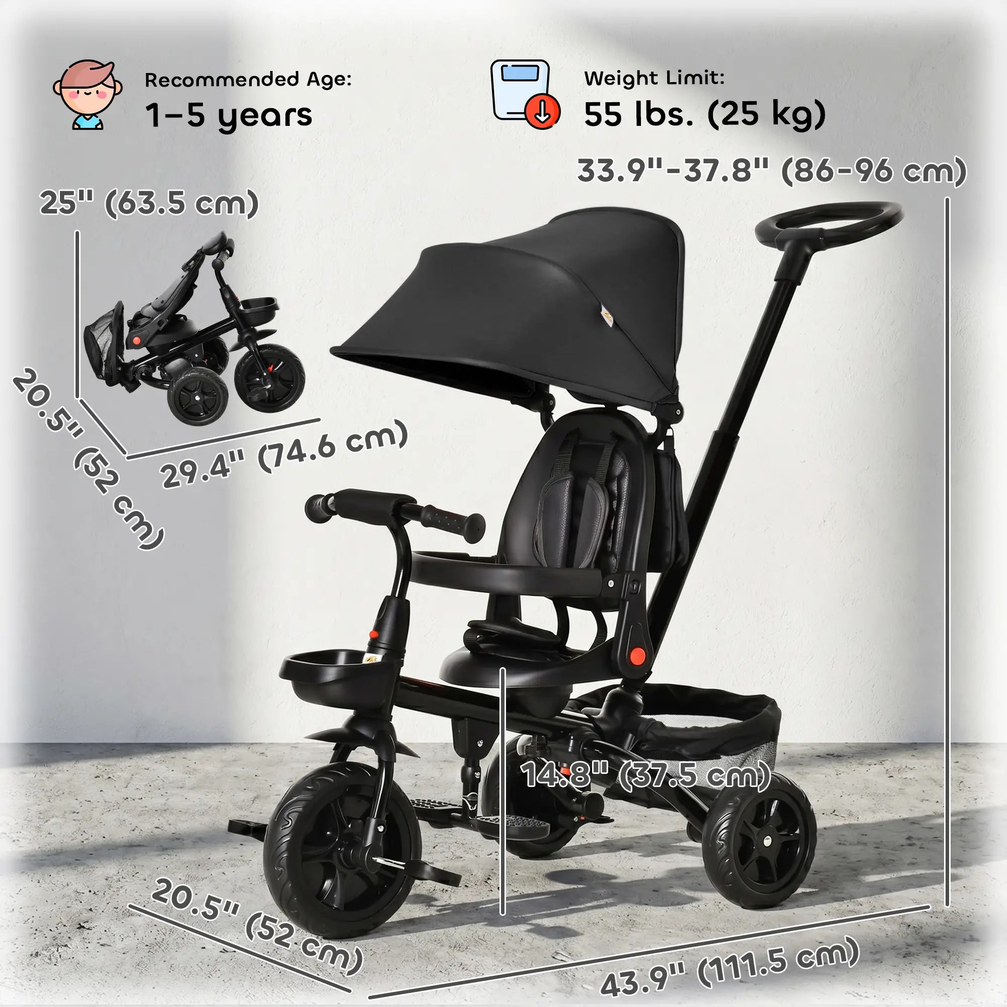Toddler Tricycle, 4 in 1 Kids Trike, Adjustable Seat, Removable Handle, Black Tricycles for Kids at Gallery Canada