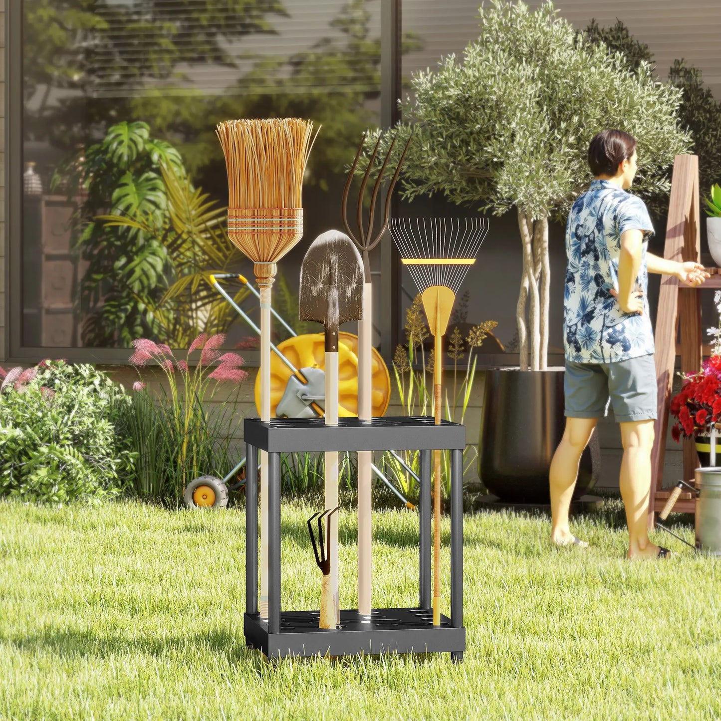 Heavy-Duty Metal Garden Tool Storage Rack, 16 Tool Organizer