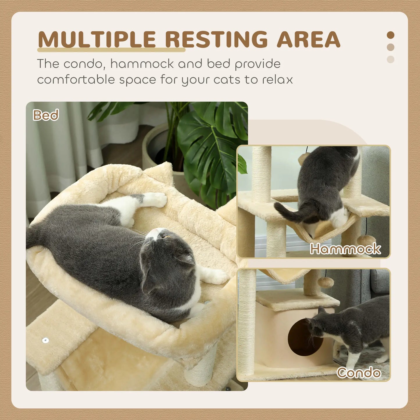 39.25'' Cat Tree Tower, Multi-Level Kitten House, Scratching Post, Hammock Bed, Beige Cat Posts at Gallery Canada