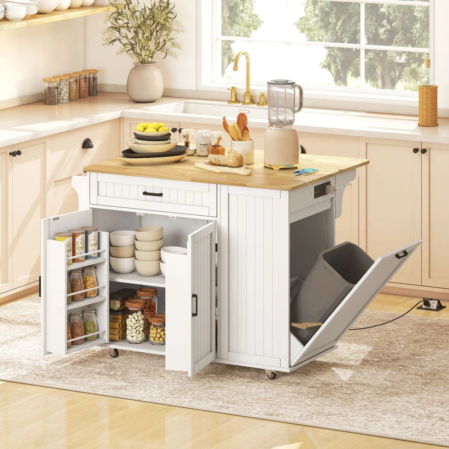 Portable Kitchen Island Cart, Rubber Wood Drop Leaf, Trash Storage, White Kitchen Islands & Kitchen Carts at Gallery Canada