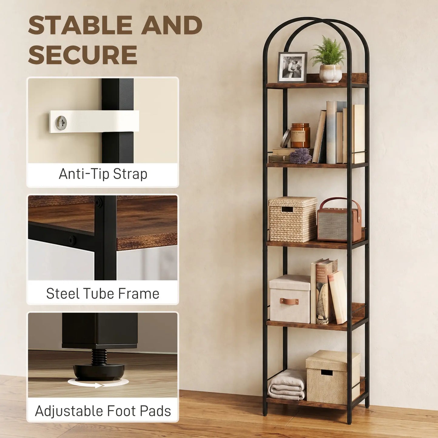 Bookshelf 5 Tier Arched Bookcase, 69.5" Tall, Rustic Brown, Rustic Brown Display Bookshelves at Gallery Canada