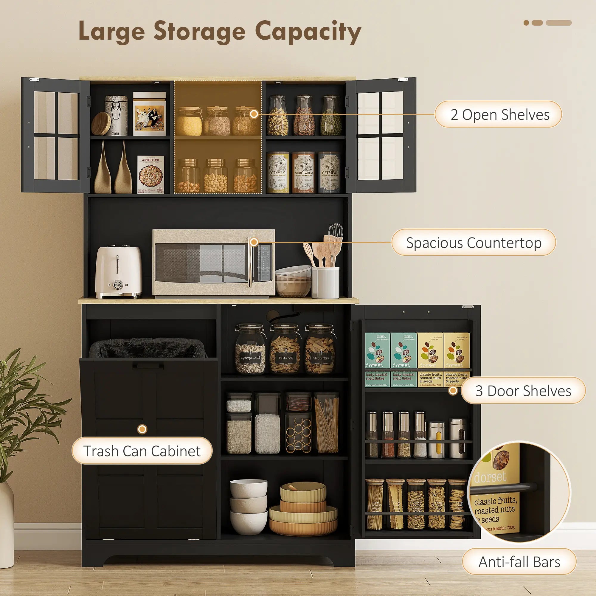 Kitchen Pantry Cabinet, 7 Gallon Trash Can, Adjustable Shelves, Acrylic Doors, Black Kitchen Pantry Cabinets at Gallery Canada
