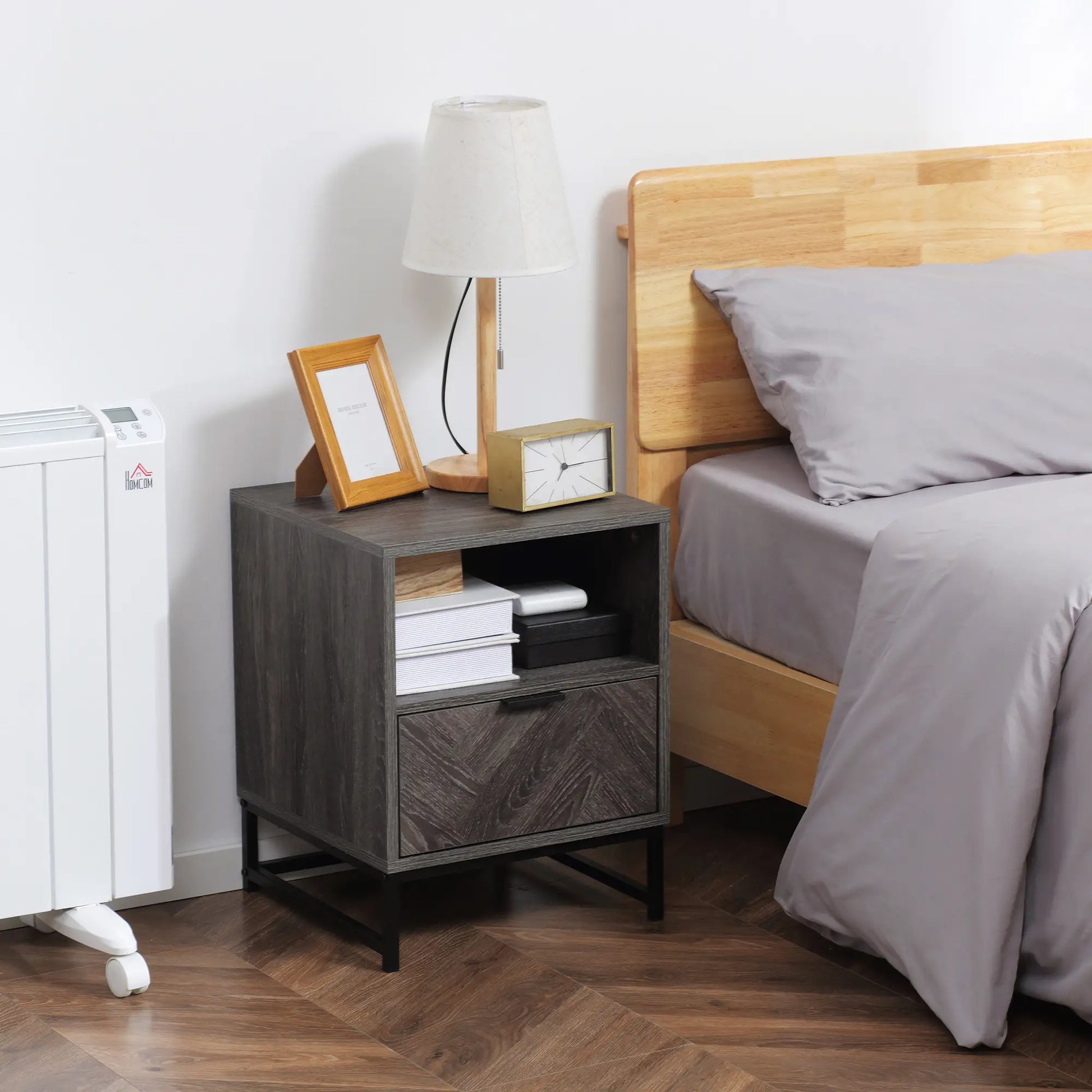 Modern Bedside Table with Drawer, Open Shelf, Dark Grey Bedside Tables at Gallery Canada