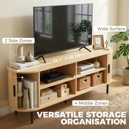 TV Stand for TVs up to 60", Modern Entertainment Center with Curved Sliding Doors, Natural Wood TV Stands at Gallery Canada