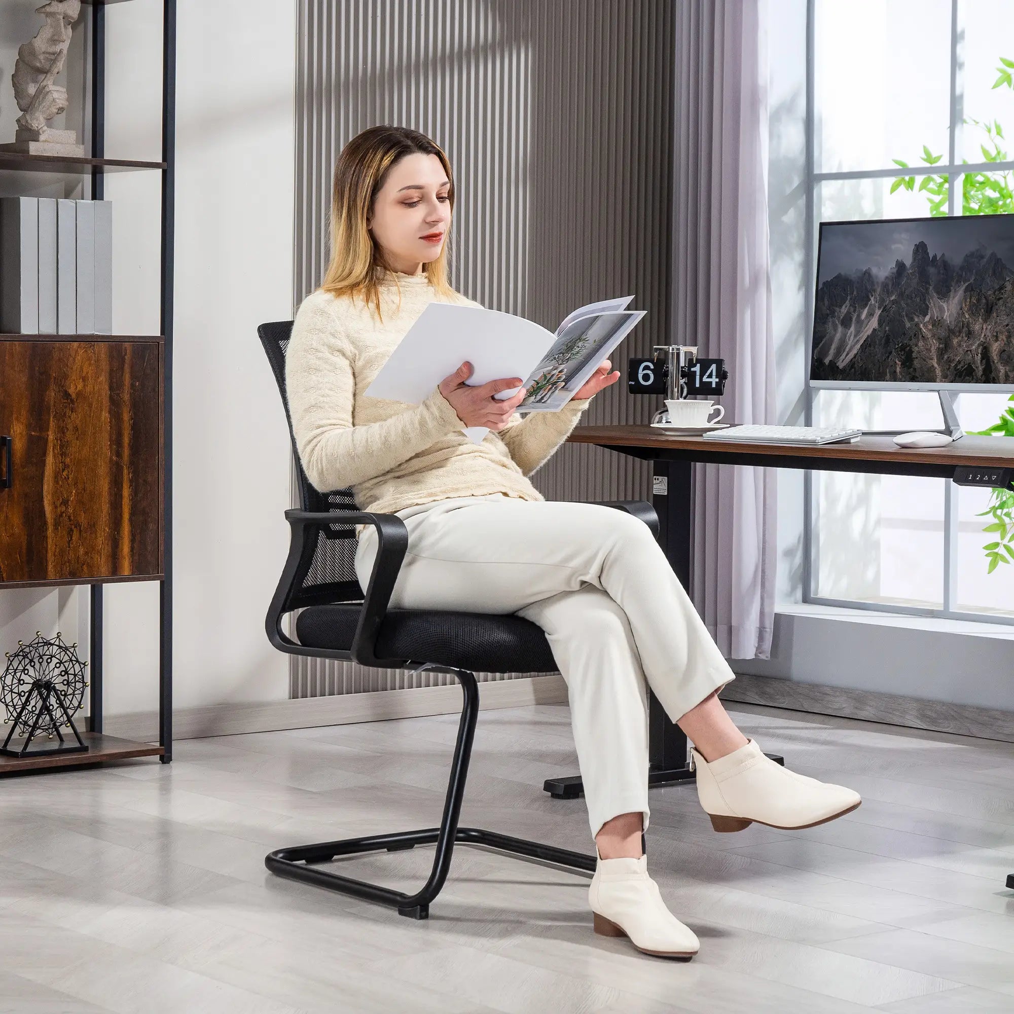 Ergonomic Desk Chair No Wheels, Padded Mesh Office Chair, Black Task Chairs at Gallery Canada