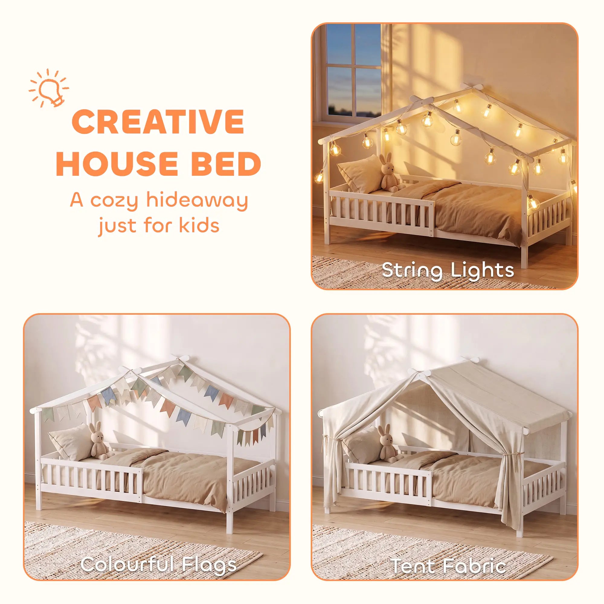 Twin Bed Frame, Solid Wood House Bed with Roof, Guardrail, No Box Spring, White Kids Bedroom Furniture at Gallery Canada