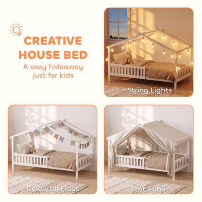 Twin Bed Frame, Solid Wood House Bed with Roof, Guardrail, No Box Spring, White Kids Bedroom Furniture at Gallery Canada