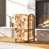 Support à bois de chauffage à 2 niveaux avec 4 outils, capacité de 220 livres, brun café