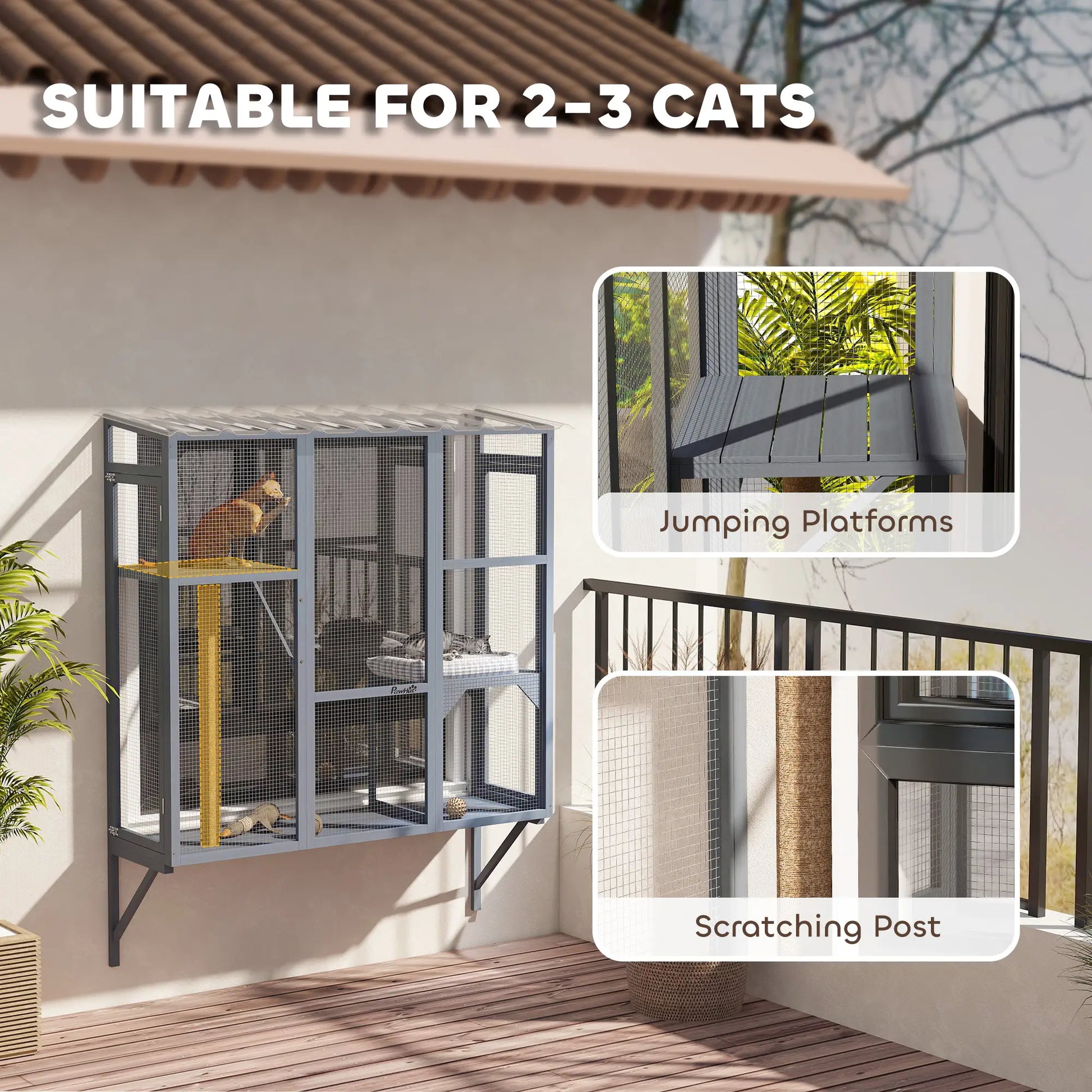 Wooden Catio Outdoor, Cat Window Box Enclosure for 2-3 Large Cats with 2 Jumping Platforms &; Scratching Post, Grey Outdoor Cat Enclosures at Gallery Canada