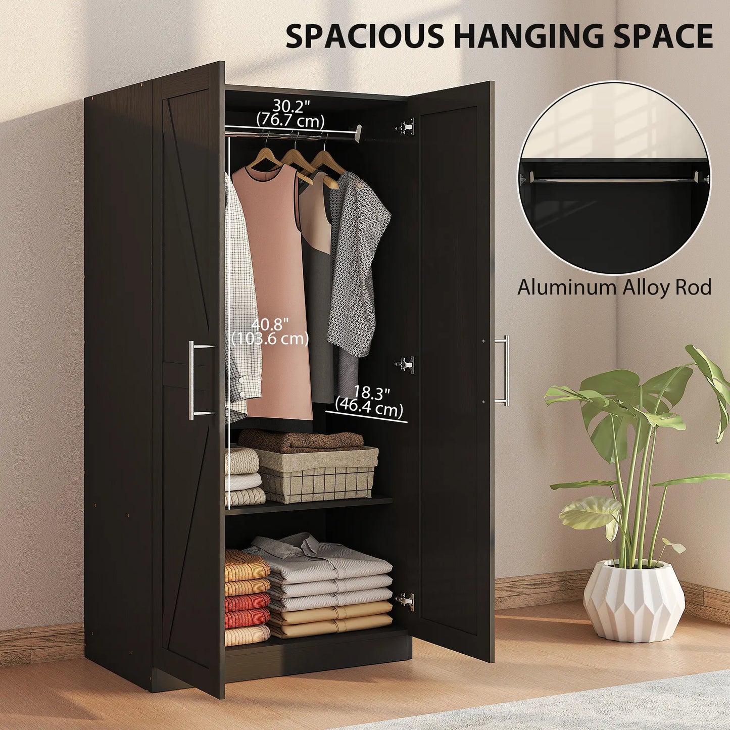 Barn Door Wardrobe Cabinet, 2 Doors With Hanging Rod, Wood Effect, Black