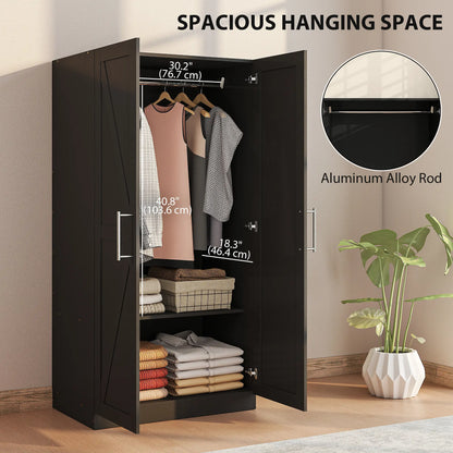 Barn Door Wardrobe Cabinet, 2 Doors With Hanging Rod, Wood Effect, Black