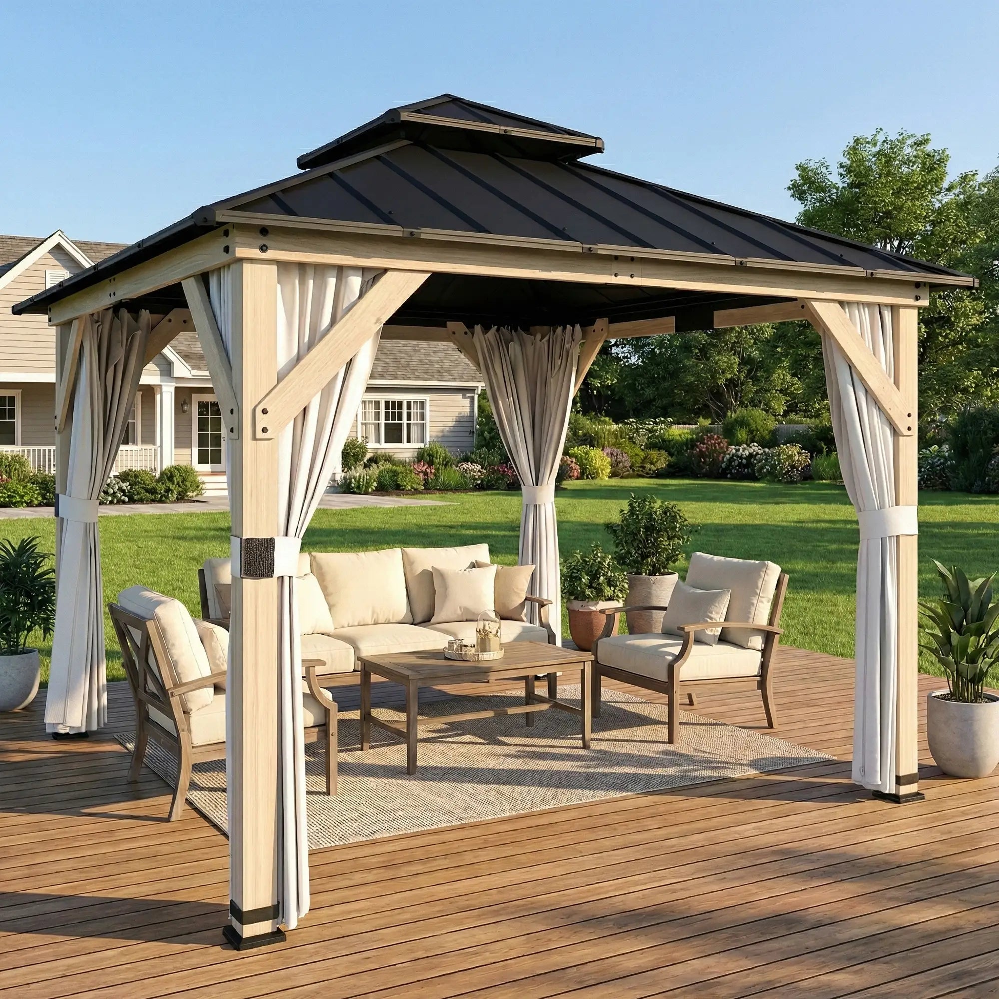 10' x 10' Hardtop Gazebo, Steel Roof, Wood Patio, Light Grey Gazebos at Gallery Canada