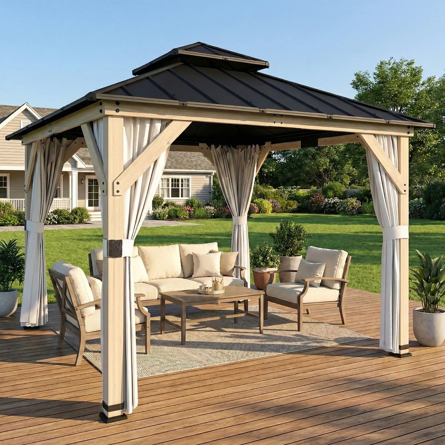 10' x 10' Hardtop Gazebo, Steel Roof, Wood Patio, Light Grey Gazebos at Gallery Canada