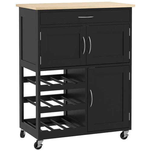 Rolling Kitchen Cart, Island with Storage Drawer, 9-Bottle Wine Rack, Black