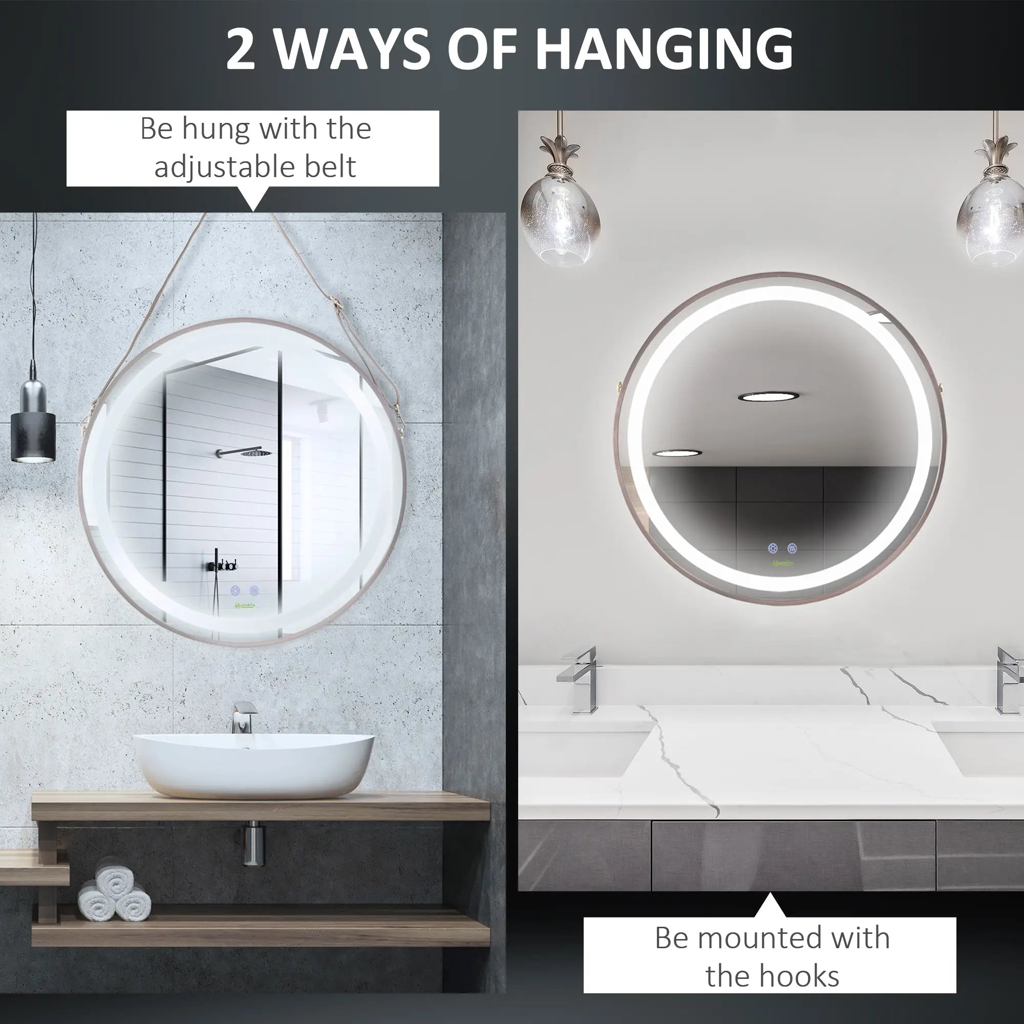 24'' Round LED Bathroom Mirror, Dimmable Anti Fog, 3 Color Temps, Rose Gold Wall Mirrors at Gallery Canada