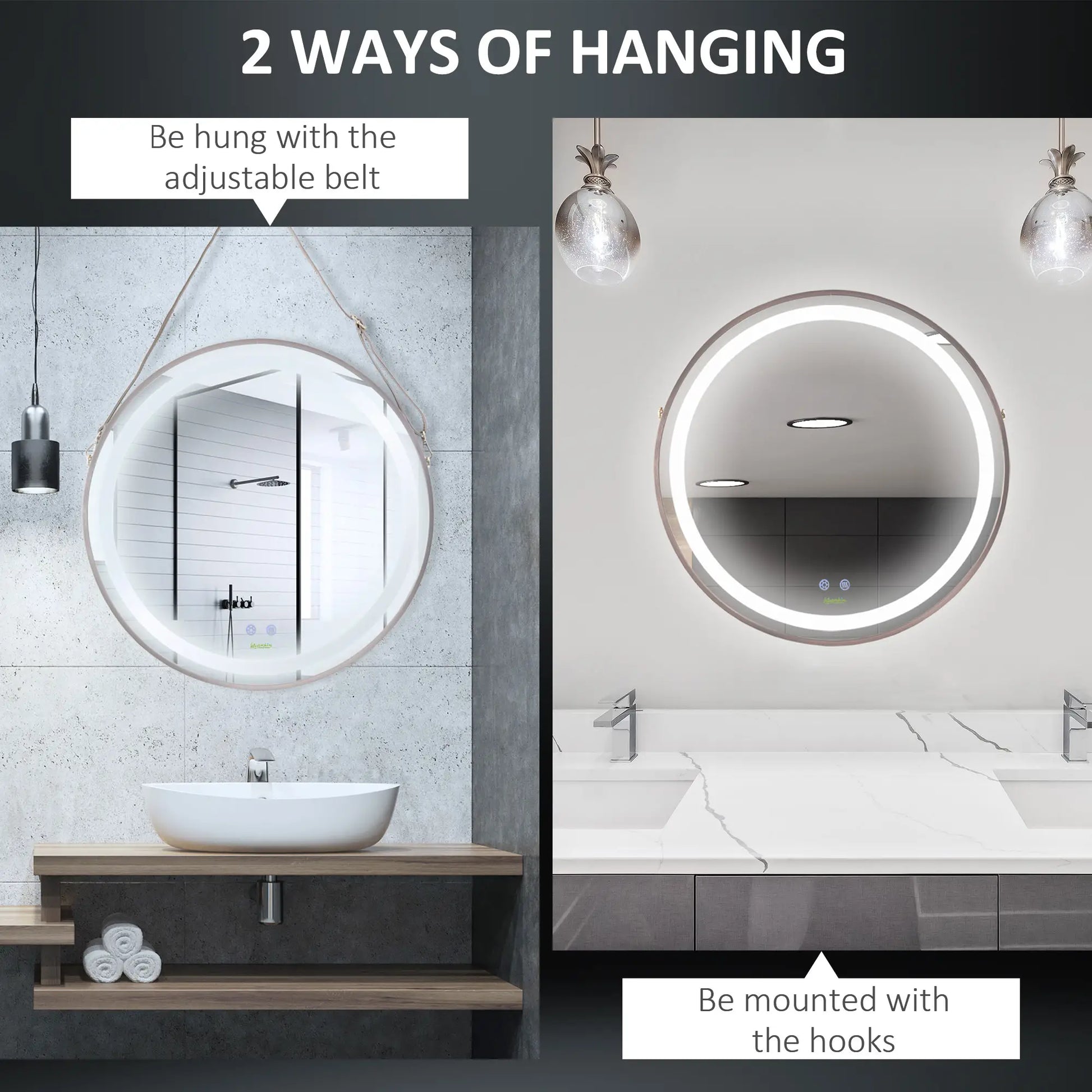 24'' Round LED Bathroom Mirror, Dimmable Anti Fog, 3 Color Temps, Rose Gold Wall Mirrors at Gallery Canada