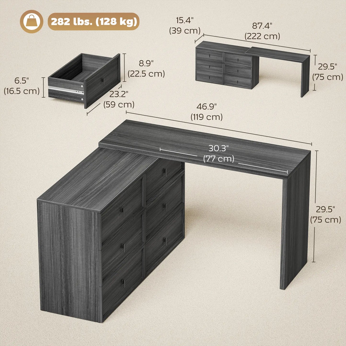 L Shaped Computer Desk, 6 Drawers, Wood Grain, Black Computer Desks at Gallery Canada