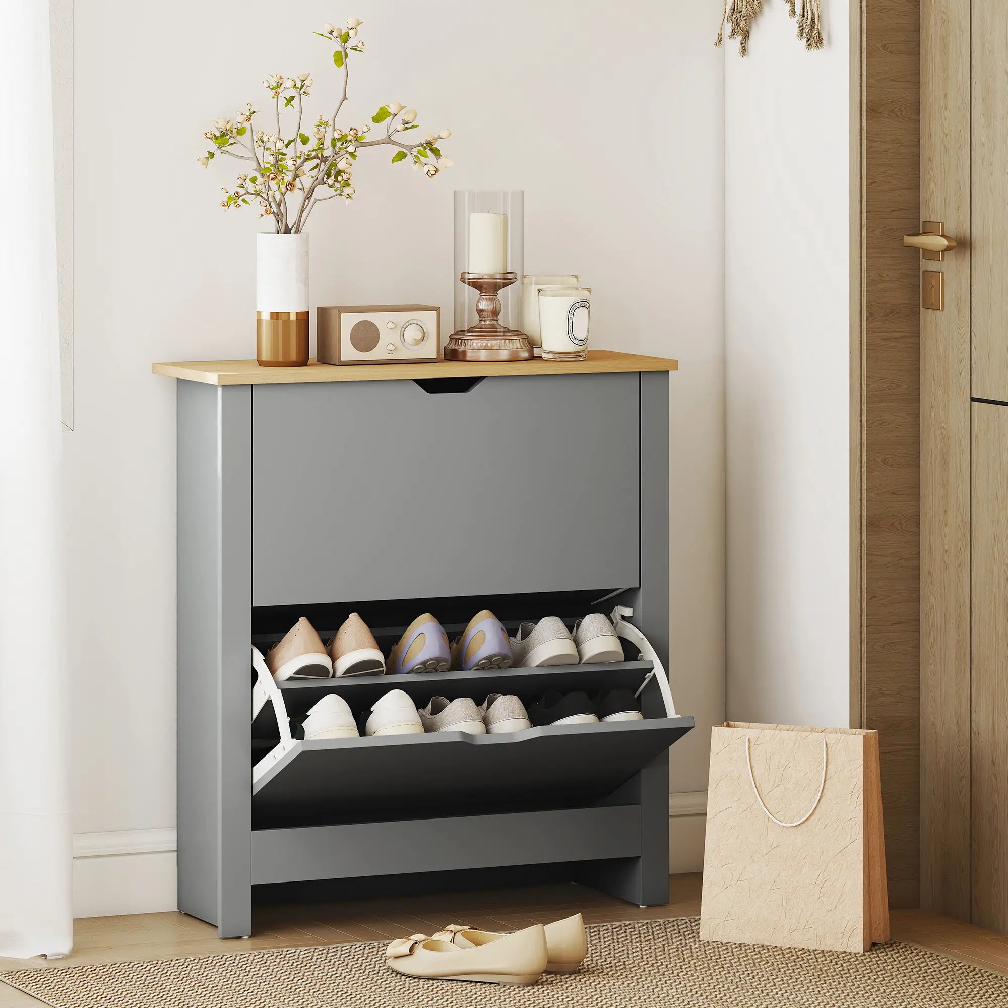 Shoe Storage Cabinet, 2 Flip Drawers, Adjustable Shelves, Light Grey Shoe Storage Cabinets & Racks at Gallery Canada