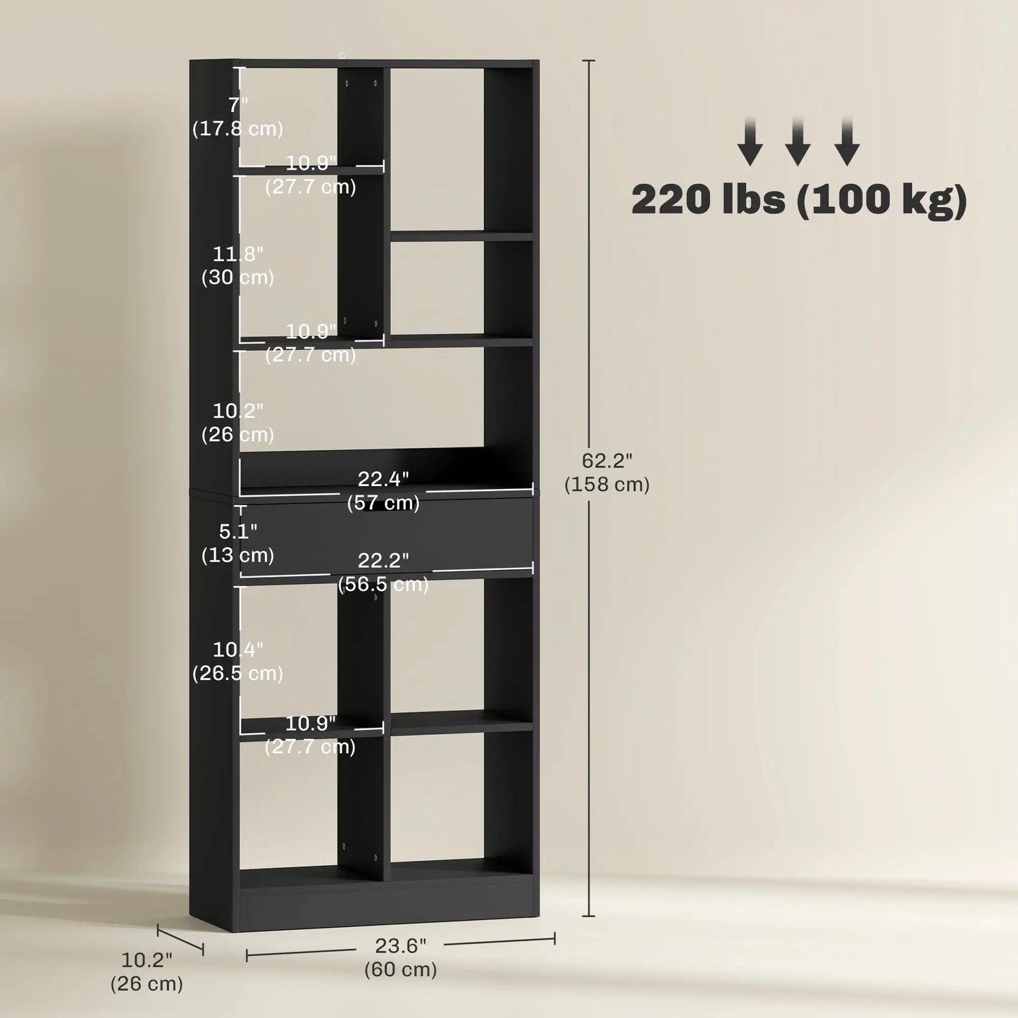 Tall Bookshelf with Drawer, Freestanding Bookcase, Black Display Bookshelves at Gallery Canada
