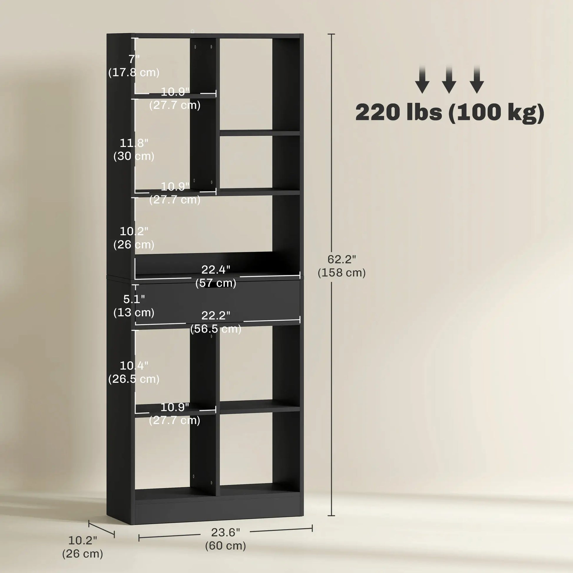 Tall Bookshelf with Drawer, Freestanding Bookcase, Black Display Bookshelves at Gallery Canada