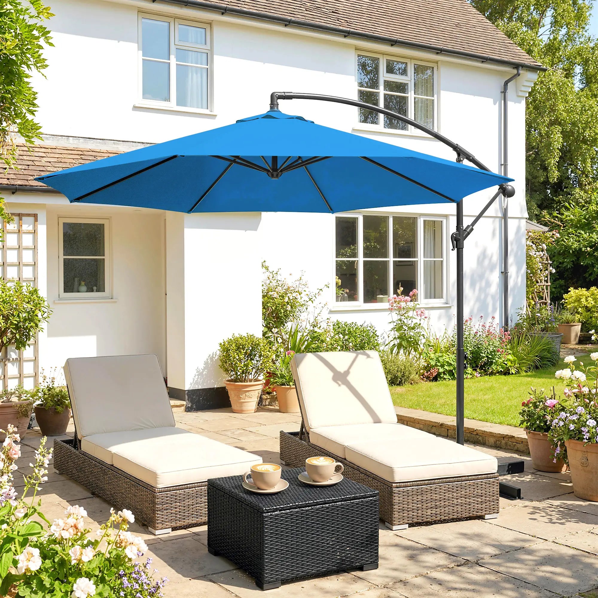 10ft Offset Patio Umbrella, Crank Hanging Parasol, Blue Cantilever Umbrellas at Gallery Canada