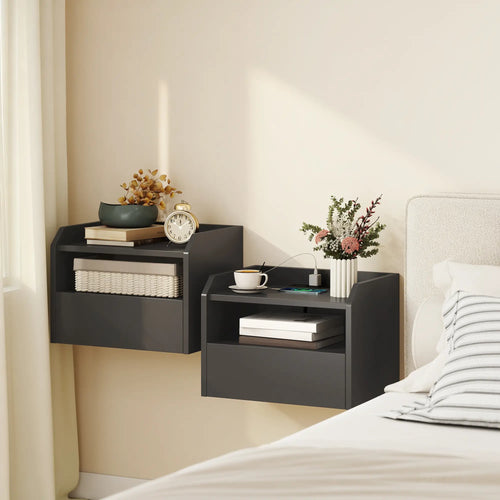 Wall Mounted Bedside Table, Set of 2 with Charging Station, Black