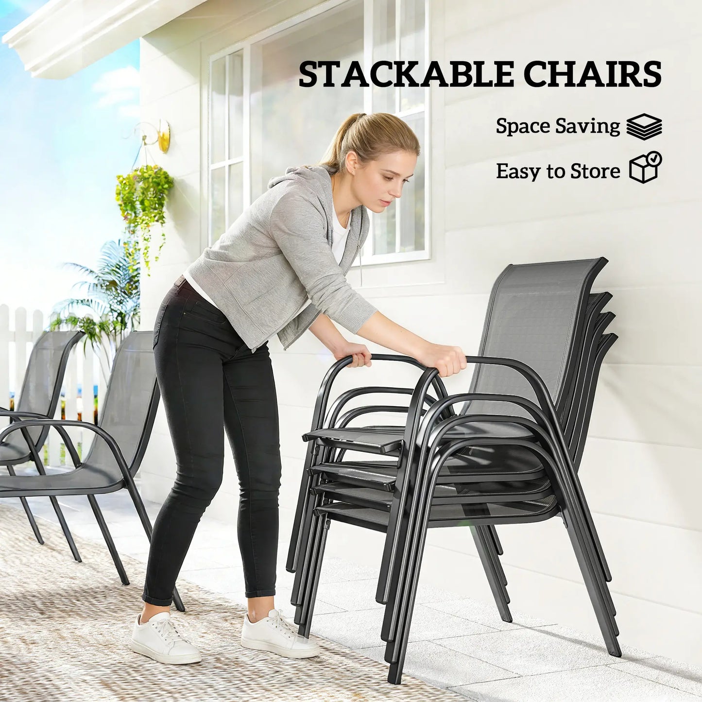 7-Piece Outdoor Dining Set, Rectangular Table, Stackable Chairs, Light Grey Outdoor Dining Sets at Gallery Canada