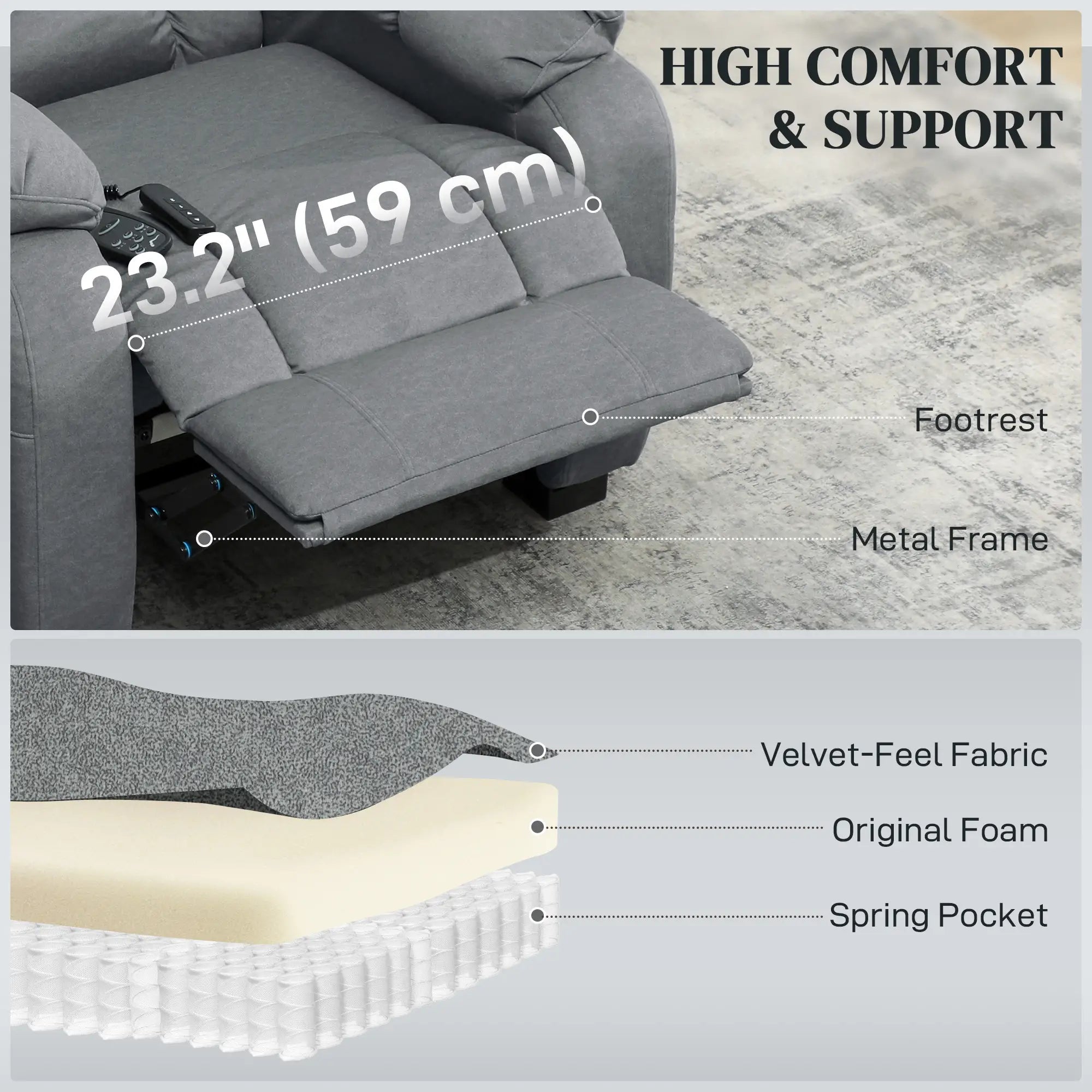 Massage Recliner Chair, Quiet Brushless Motor, Pet-Friendly Fabric, 2 Memory Positions, Grey Single Sofas at Gallery Canada