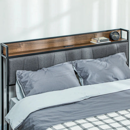 Full Size Bed Frame with Charging Station, Upholstered Headboard, Storage Shelf, Walnut Bed Frames at Gallery Canada