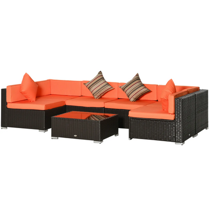 7pcs Garden Wicker Sectional Set, Tea Table, Patio Rattan Sofa, Cushion, Outdoor Deck, Orange Patio Furniture Sets Dark Brown Rattan, Orange Fabric at Gallery Canada