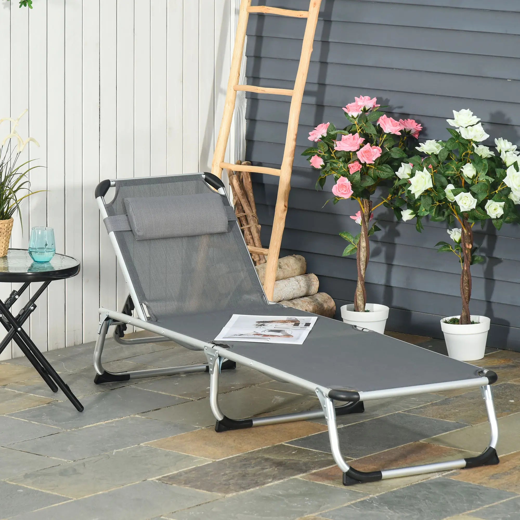 Folding Lounge Chair, Adjustable Backrest, Aluminum Frame, Grey Lounger Chairs at Gallery Canada