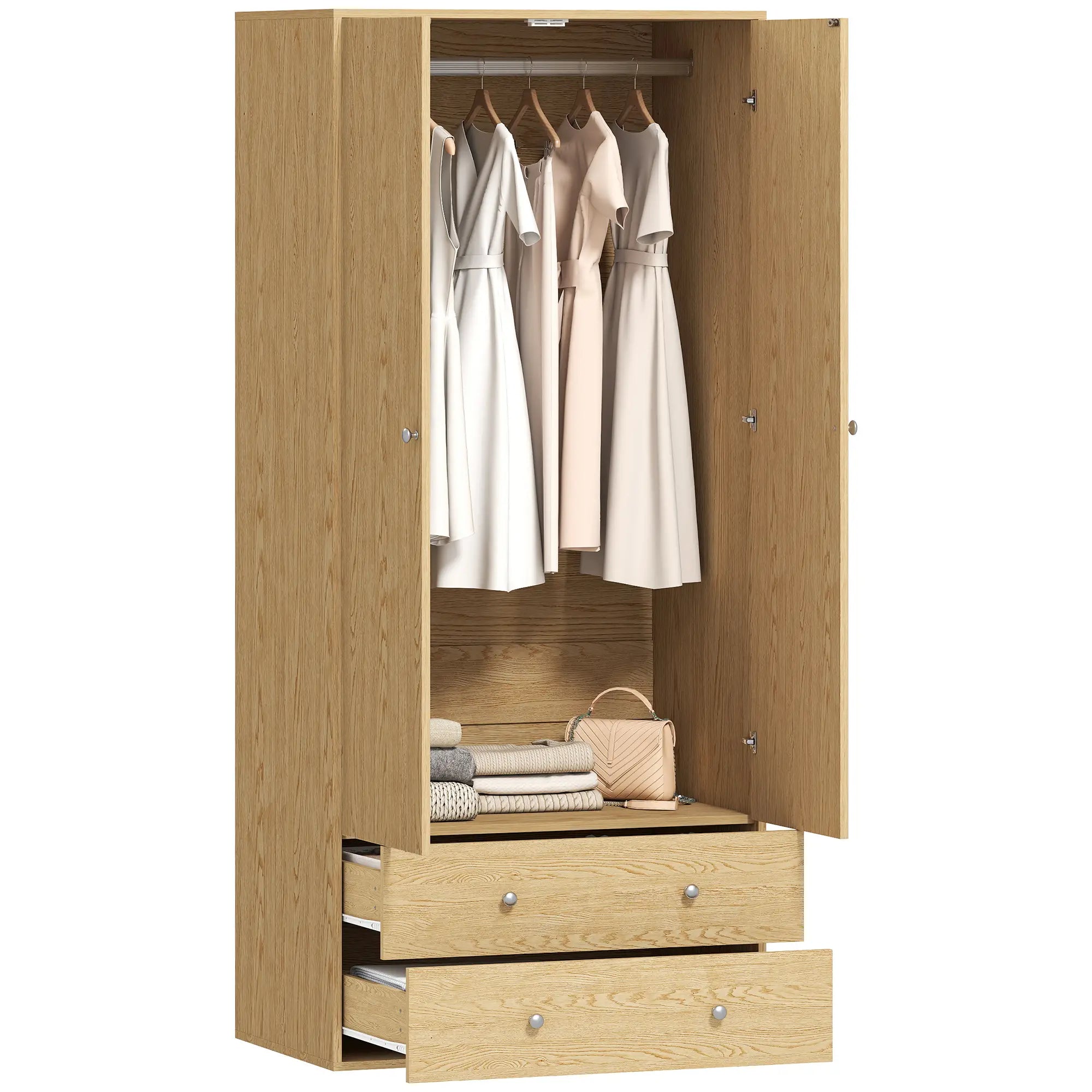 Modern Wardrobe Closet, 2 Drawers, Hanging Rod, Natural Wood Clothing Storage at Gallery Canada