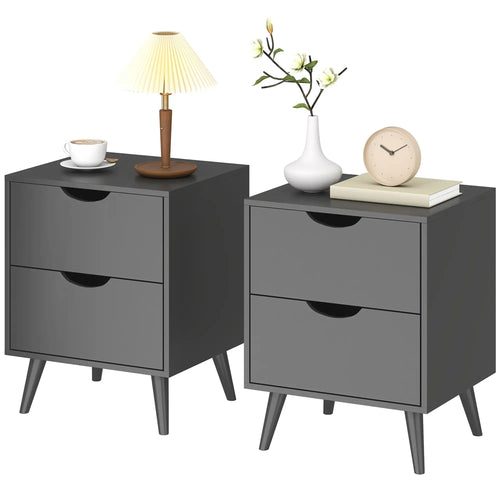 Modern Bedside Table Set Of 2, 2 Drawers, Pine Wood Legs, Black
