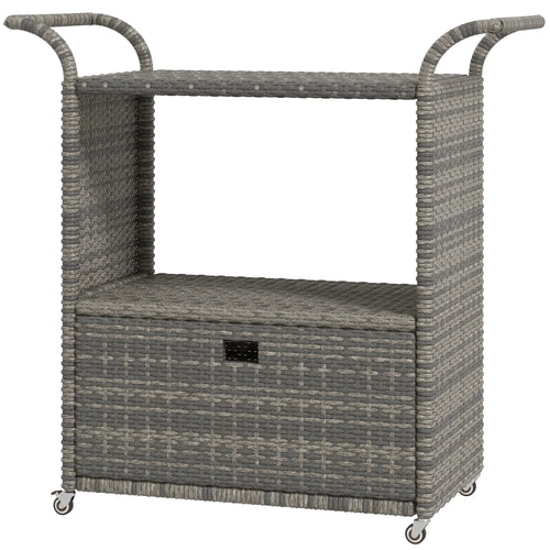 PE Wicker Serving Cart, 2-Tier Shelf, Outdoor Wheeled Rattan Cart, Grey