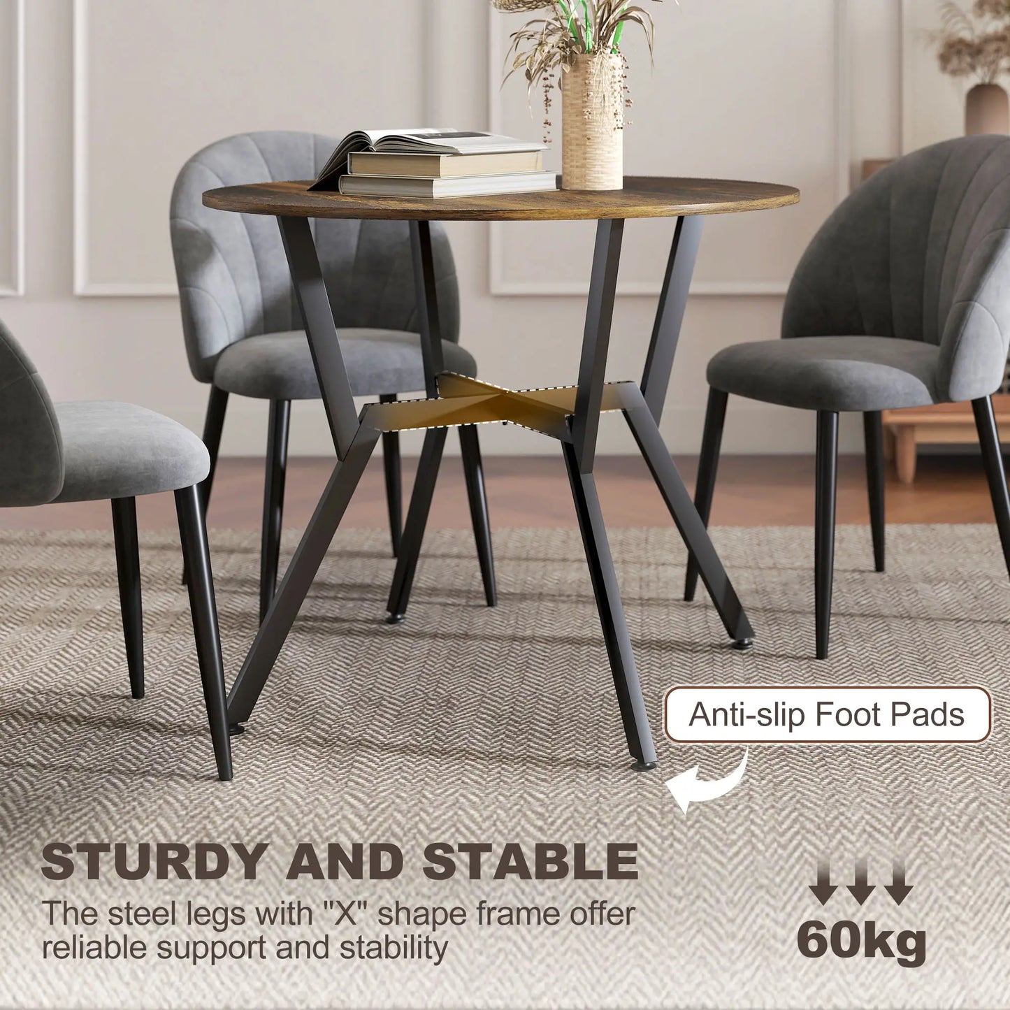 35 Inch Round Dining Table, Steel Frame, Rustic Brown Dining Tables at Gallery Canada