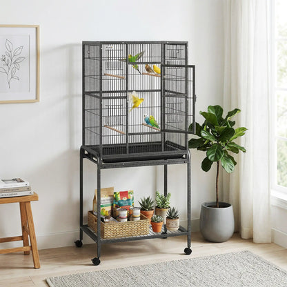 56"H Bird Cage, Parrot Cage w/ Detachable Rolling Stand, Removable Tray, Storage Shelf, Perches, Food Container Bird Cages at Gallery Canada