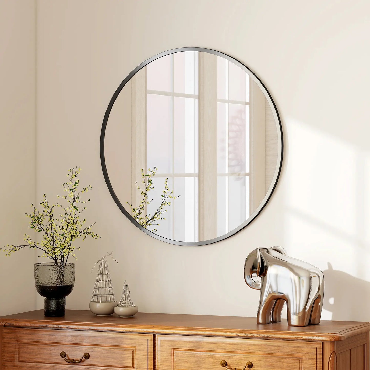 Miroir rond de 30", Cadre en métal, Miroir de salle de bain, Noir