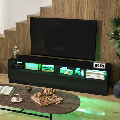 LED Lighted TV Stand for 75", Storage Drawers, High Gloss Black, Black TV Stands at Gallery Canada