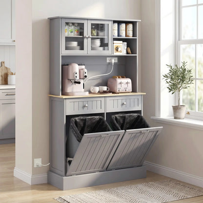 Kitchen Cabinet with Charging Station, 2 Tilt Out Cabinets, Microwave Stand, Grey Kitchen Pantry Cabinets at Gallery Canada
