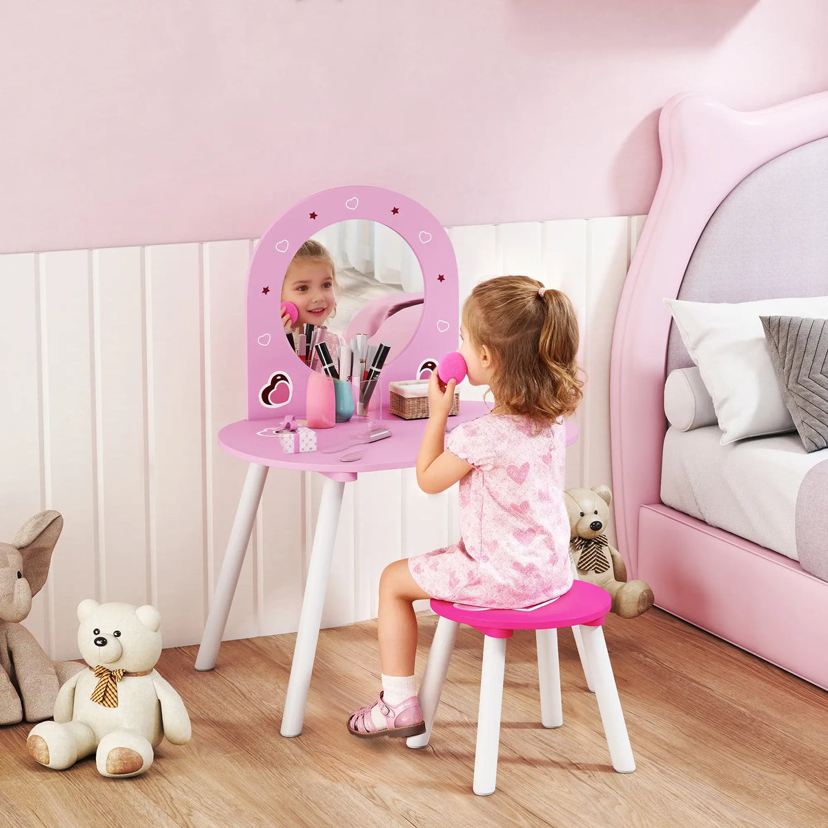 Kids Dressing Table with Mirror and Stool, Girls Vanity Set, Pink Toy Vanity at Gallery Canada