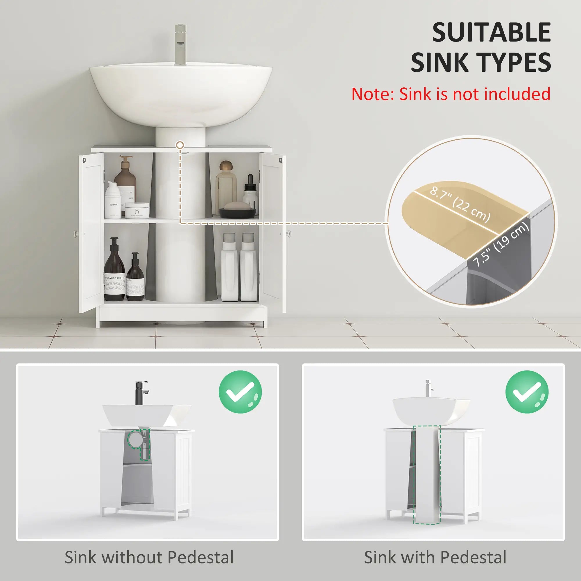 Under Sink Bathroom Cabinet, 2 Doors with Shelf, White Bathroom Cabinets at Gallery Canada