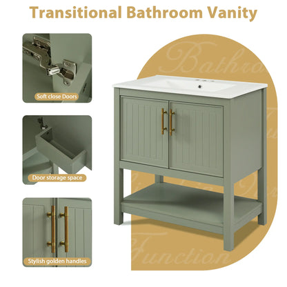 Bathroom Vanity with Ceramic Sink, Soft Close Doors, 30" L x 18.5" W x 34" H, Green+White Sink Cabinets at Gallery Canada