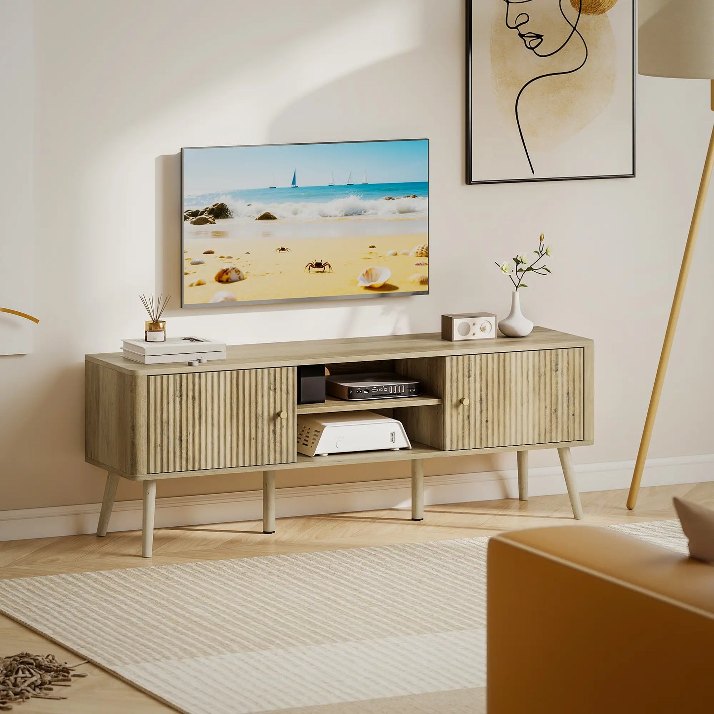 TV Stand for 65 Inch TV, Adjustable Shelves, Pine Wood Legs, Oak TV Stands at Gallery Canada