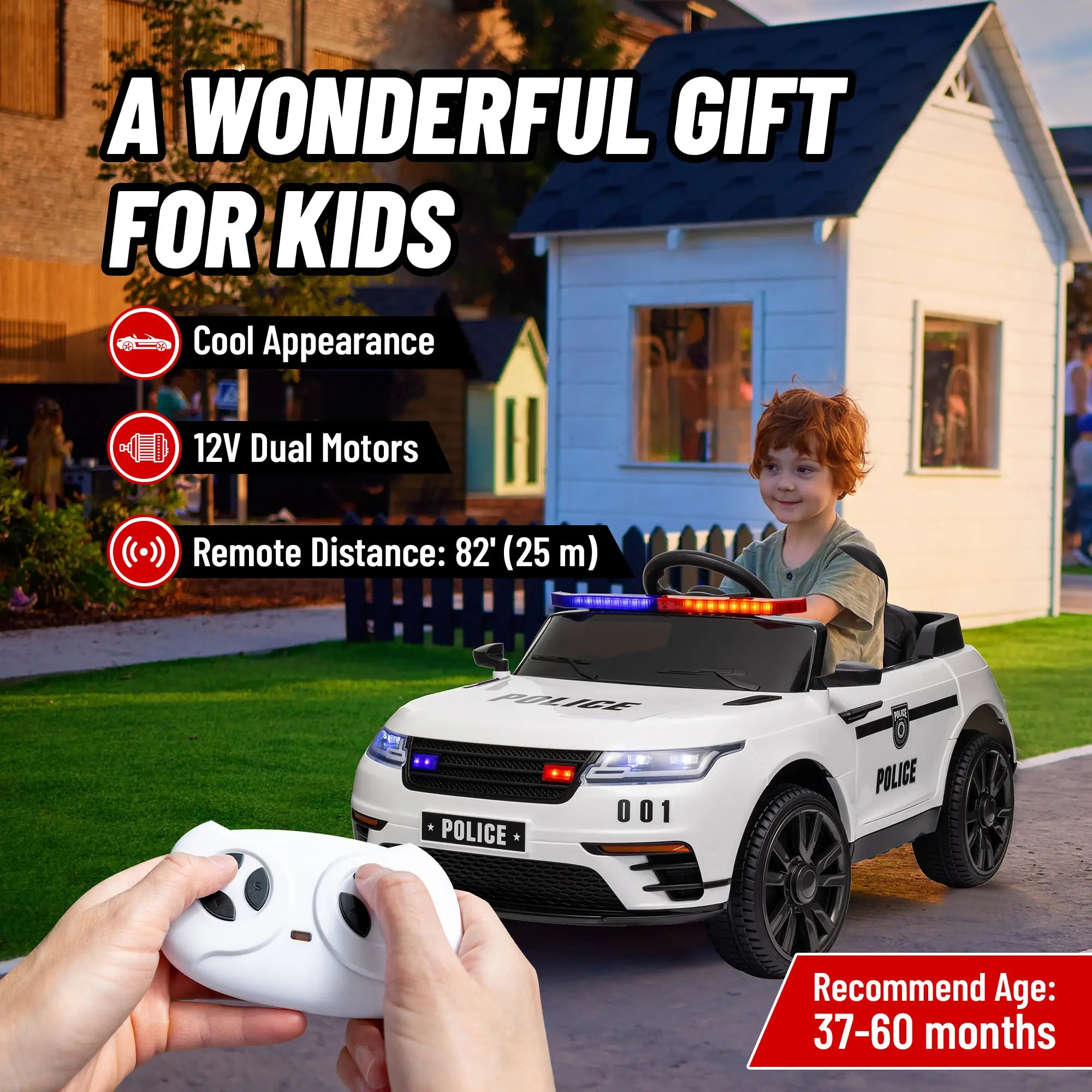 12V Kids Electric Police Car, Remote Control, White Electric Toy Cars at Gallery Canada