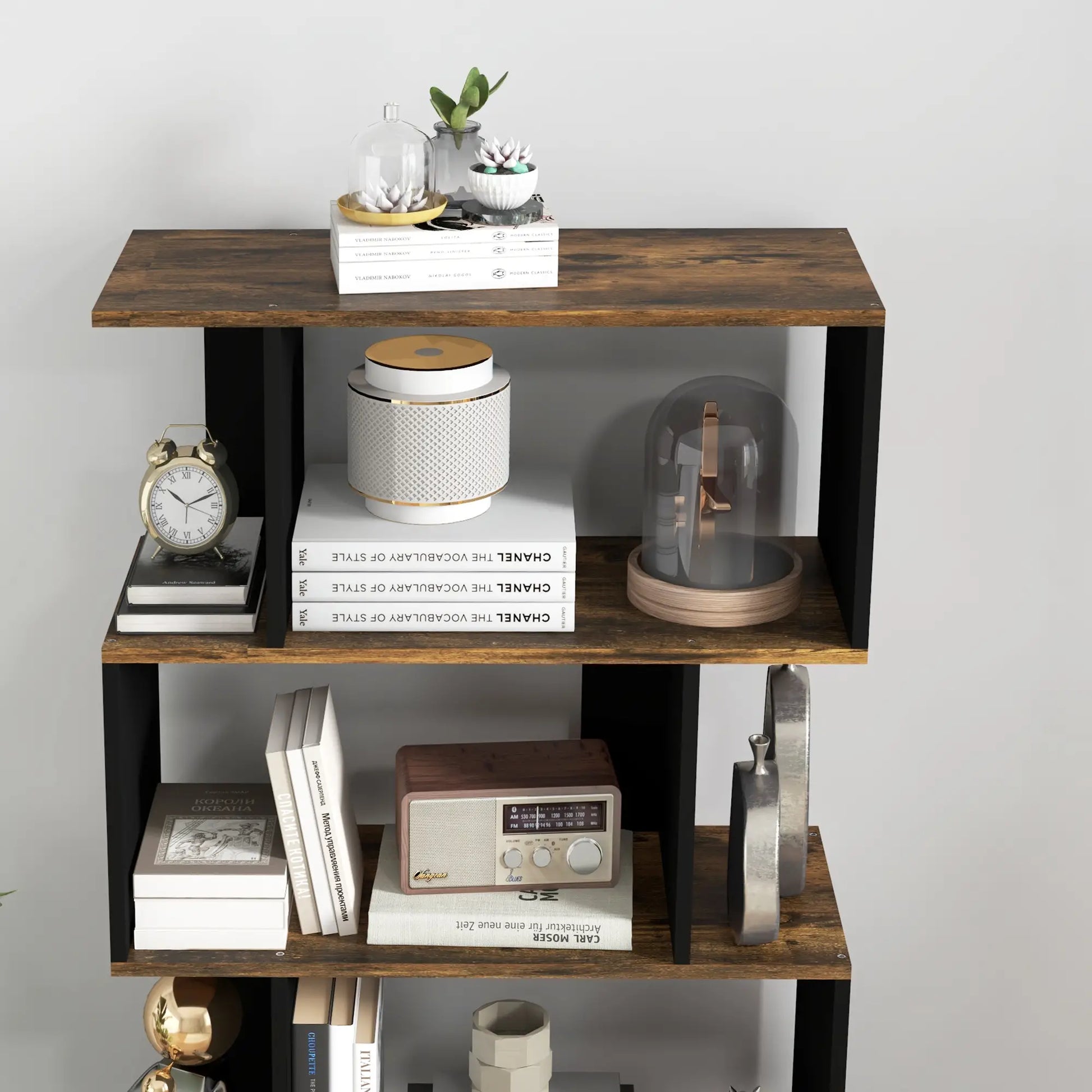 5 Tier Geometric S Shaped Bookcase, Tall Narrow Display Shelf, Rustic Brown Display Bookshelves at Gallery Canada